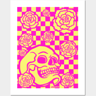 Skull and Roses Checkerboard (Pink Version) Posters and Art